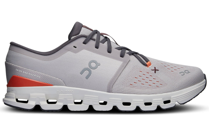 Side view on white background of Mens On Cloud X 4 running shoe in Silver/Flame, Medium (Regular) width