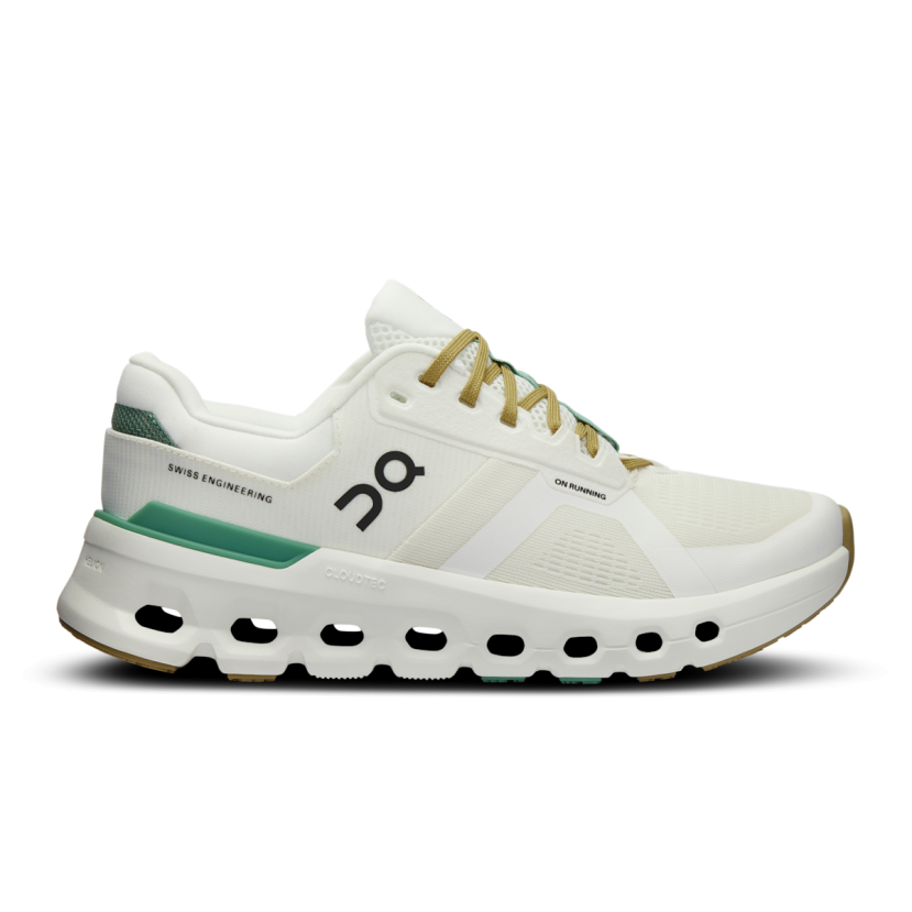 Side view on white background of Womens On Cloudrunner 2 running shoe in White/Green, Medium (Regular) width