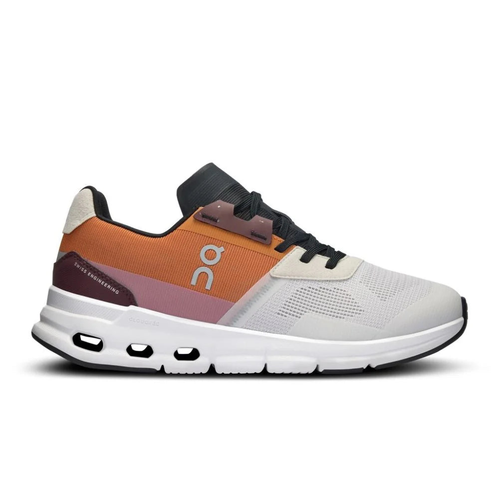 Side view on white background of Womens On Cloudrift running shoe in White/Copper, Medium (Regular) width