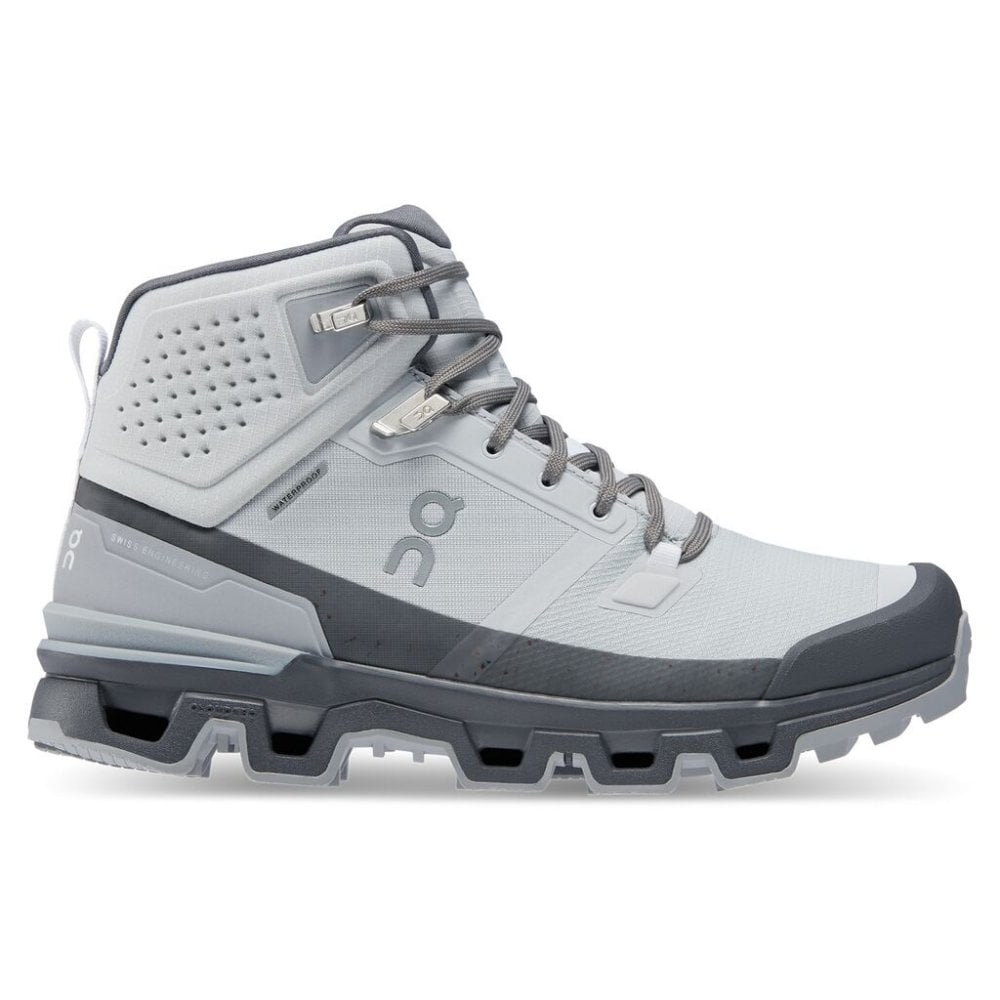 Side view on white background of Womens On Cloudrock 2 Waterproof running shoe in Glacier/Eclipse, Medium (Regular) width