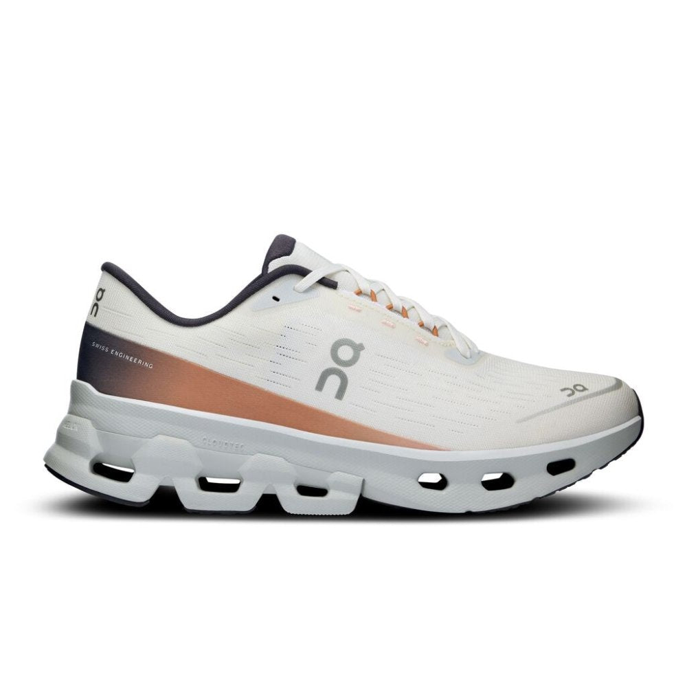 Side view on white background of Womens On Cloudspark running shoe in Ivory/Glacier, Medium (Regular) width