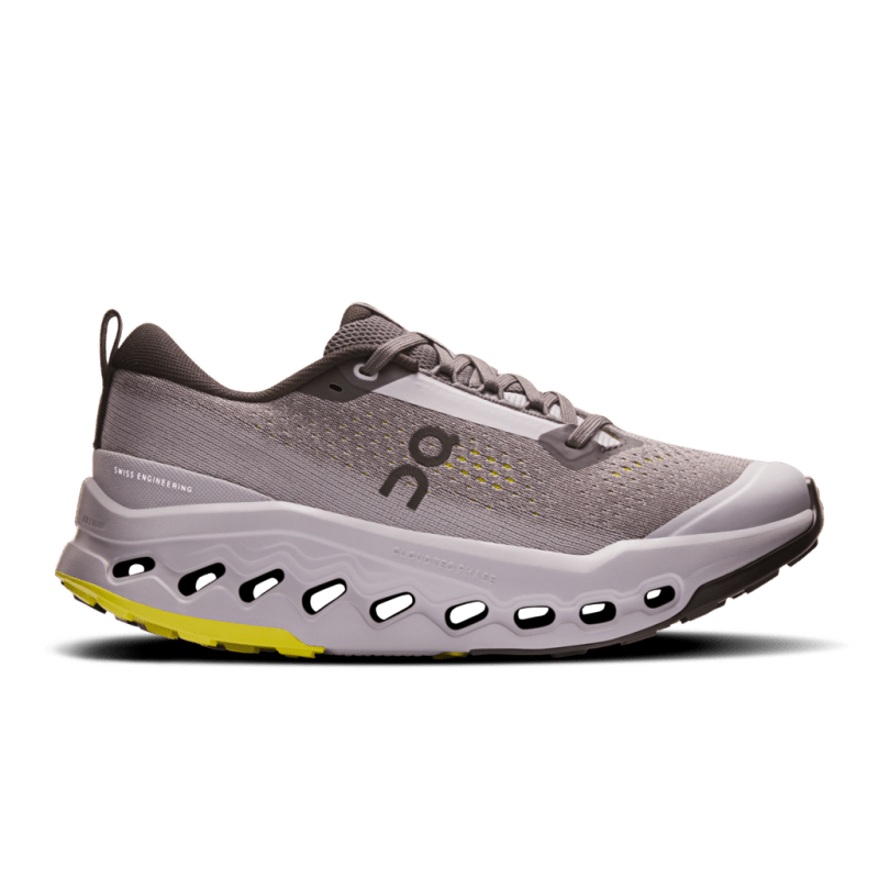 Side view on white background of Womens On Cloudsurfer Trail 2 running shoe in Iron/Lilac, Medium (Regular) width