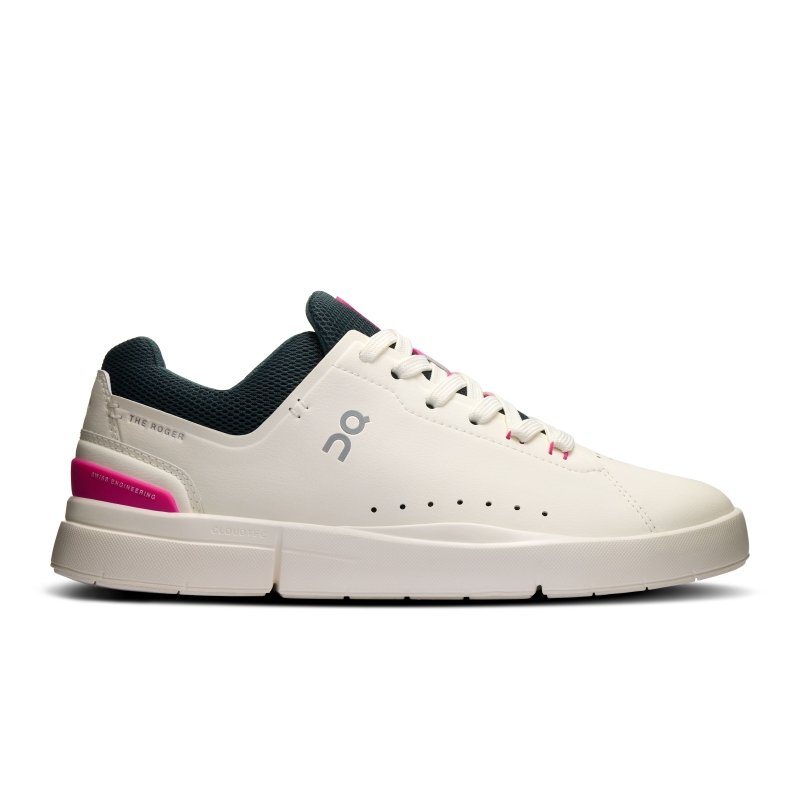 Side view on white background of Womens On The Roger Advantage 2 running shoe in Ivory/Pink, Medium (Regular) width