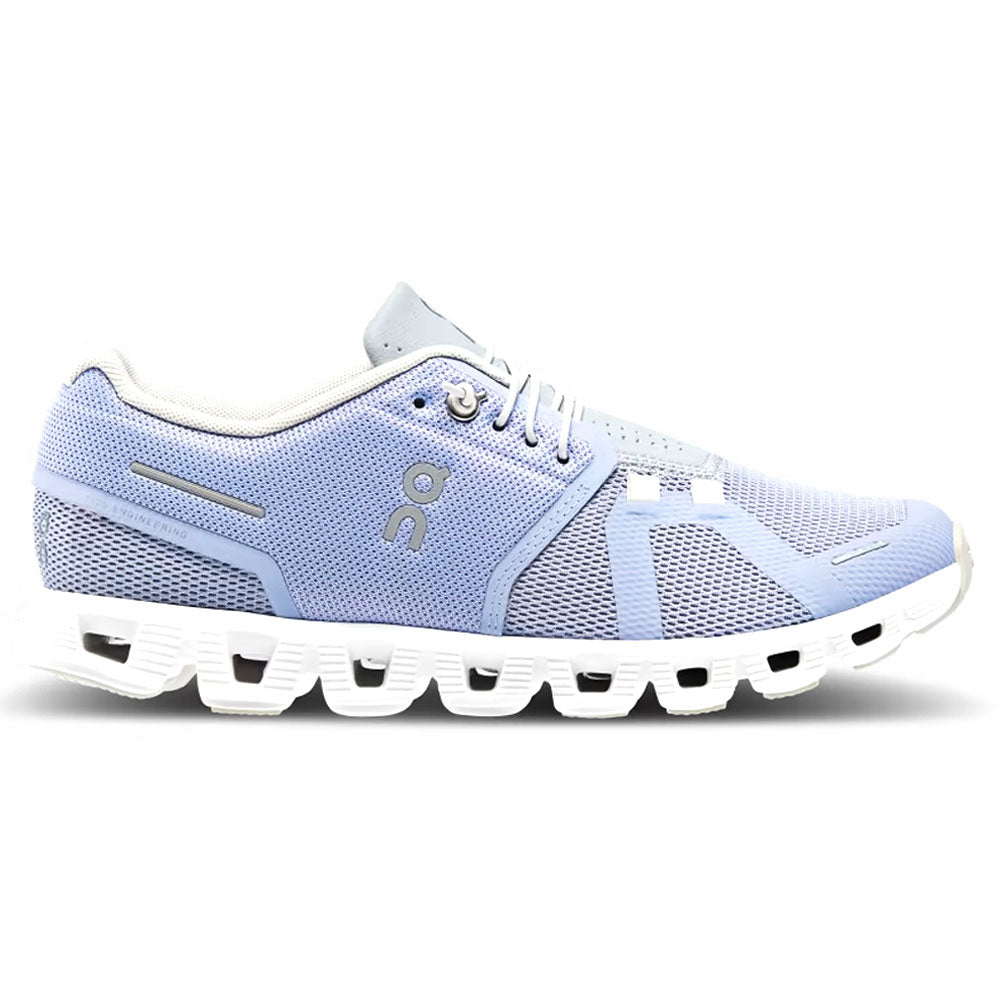 Side view on white background of Womens On Cloud 5 running shoe in Nimbus/Alloy, Medium (Regular) width