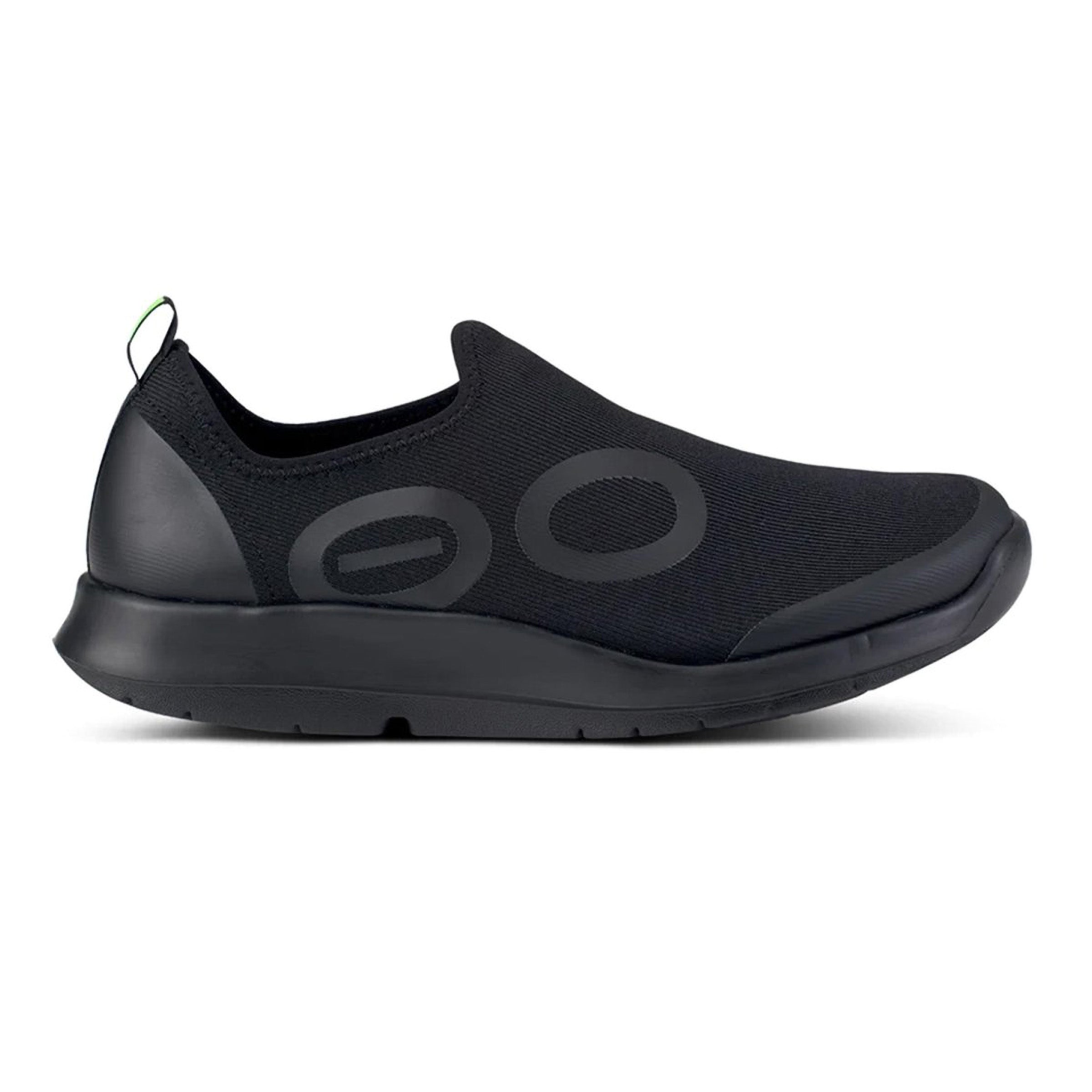 Side view on white background of Mens OOFOS OOmg Sport running shoe in Black, Medium (Regular) width