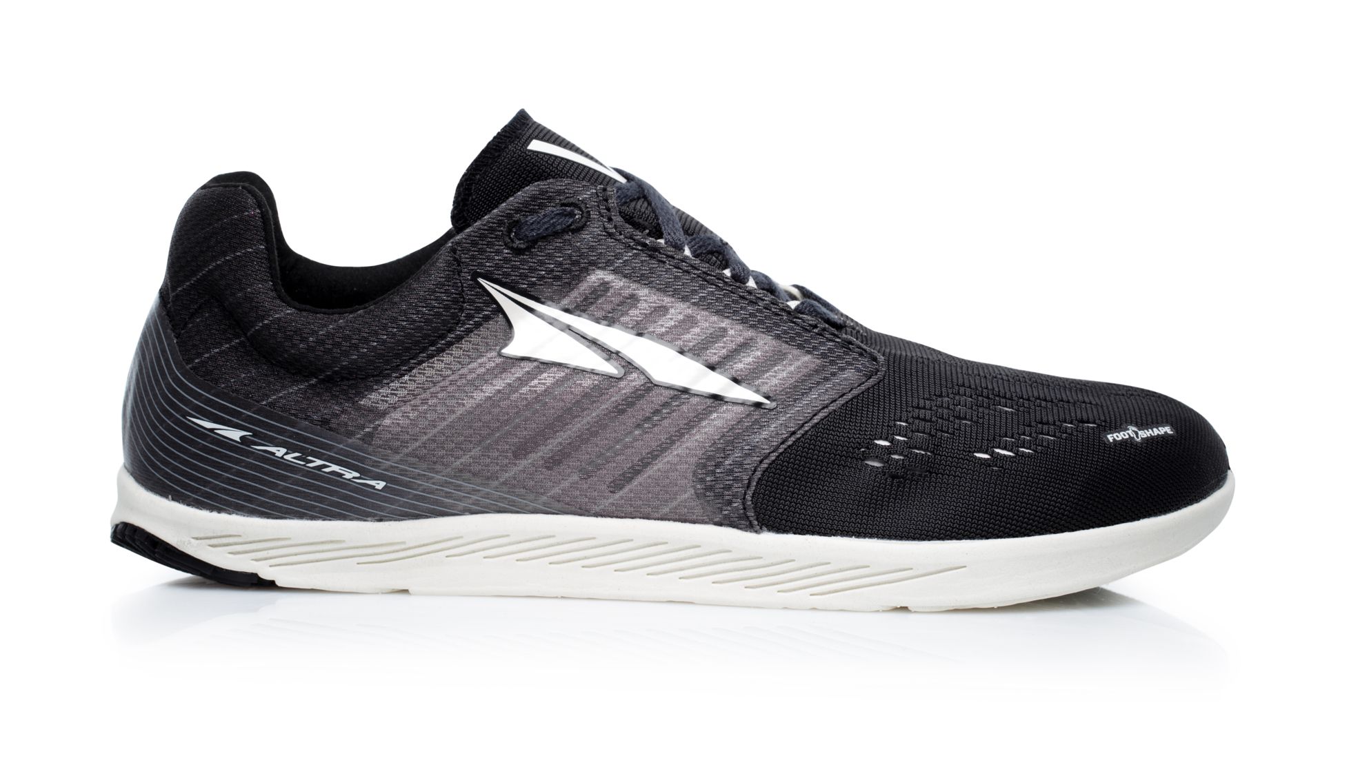 Side view on white background of Mens Altra Vanish-R running shoe in Black, Medium (Regular) width