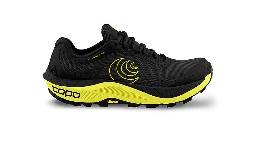 Side view on white background of Mens Topo Athletic MTN Racer 3 running shoe in Black/Lime, Medium (Regular) width