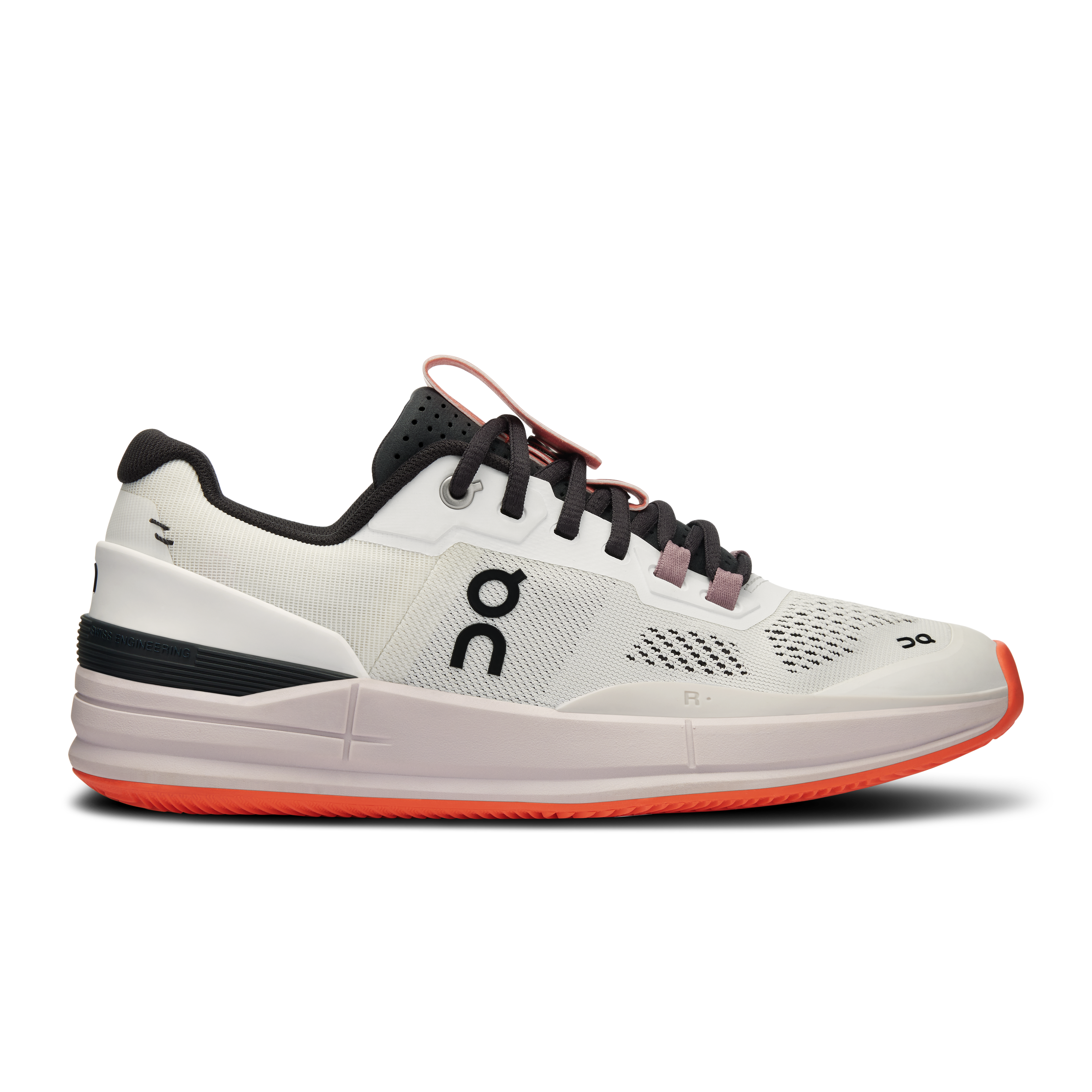 Side view on white background of Womens On The Roger Pro Clay running shoe in Undyed-White/Lily, Medium (Regular) width