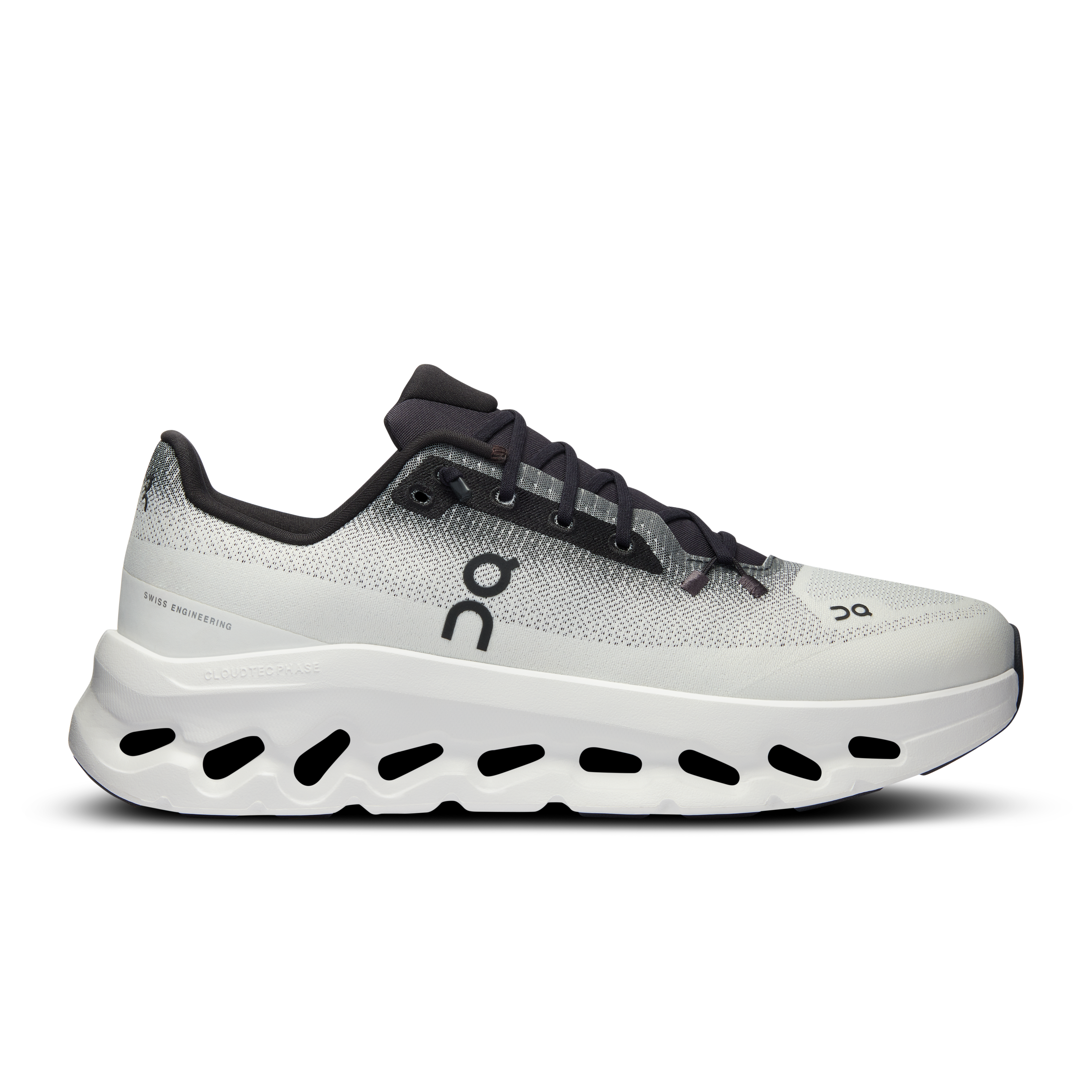 Side view on white background of Mens On Cloudtilt running shoe in Black/Ivory, Medium (Regular) width