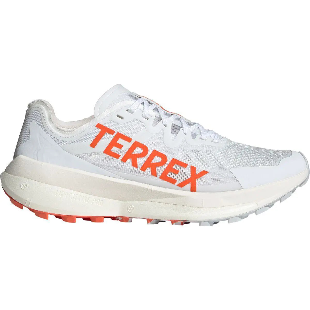 Side view on white background of Womens Adidas Terrex Agravic Speed running shoe in Dash Grey/Impact Orange/Ftwr White, Medium (Regular) width