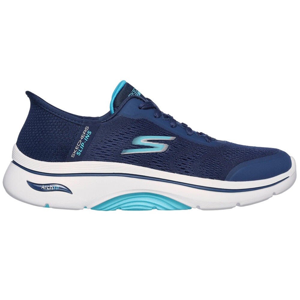 Side view on white background of Womens Skechers Go Walk Arch Fit 2.0 running shoe in Navy/Aqua, Wide width