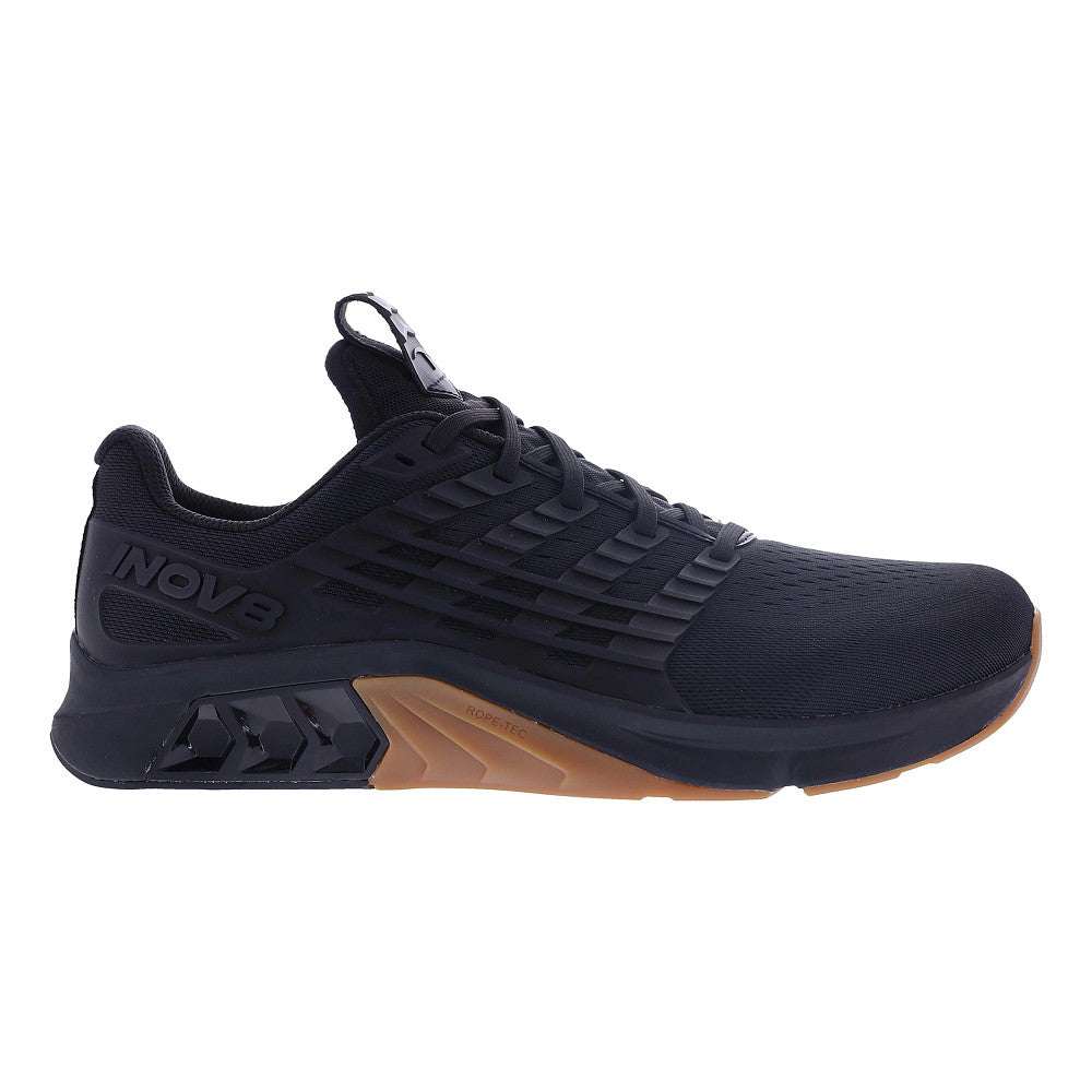 Side view on white background of Mens Inov8 F-Lite Max running shoe in Black/Gum, Wide width