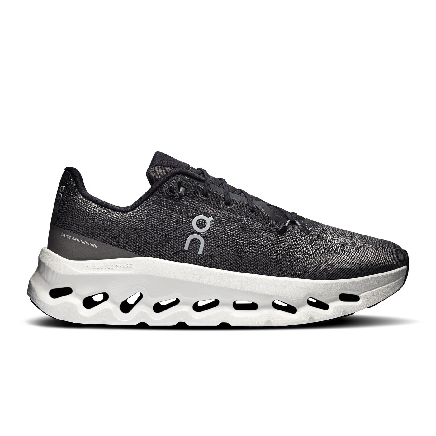 Side view on white background of Mens On Cloudtilt running shoe in Black/Asphalt, Medium (Regular) width