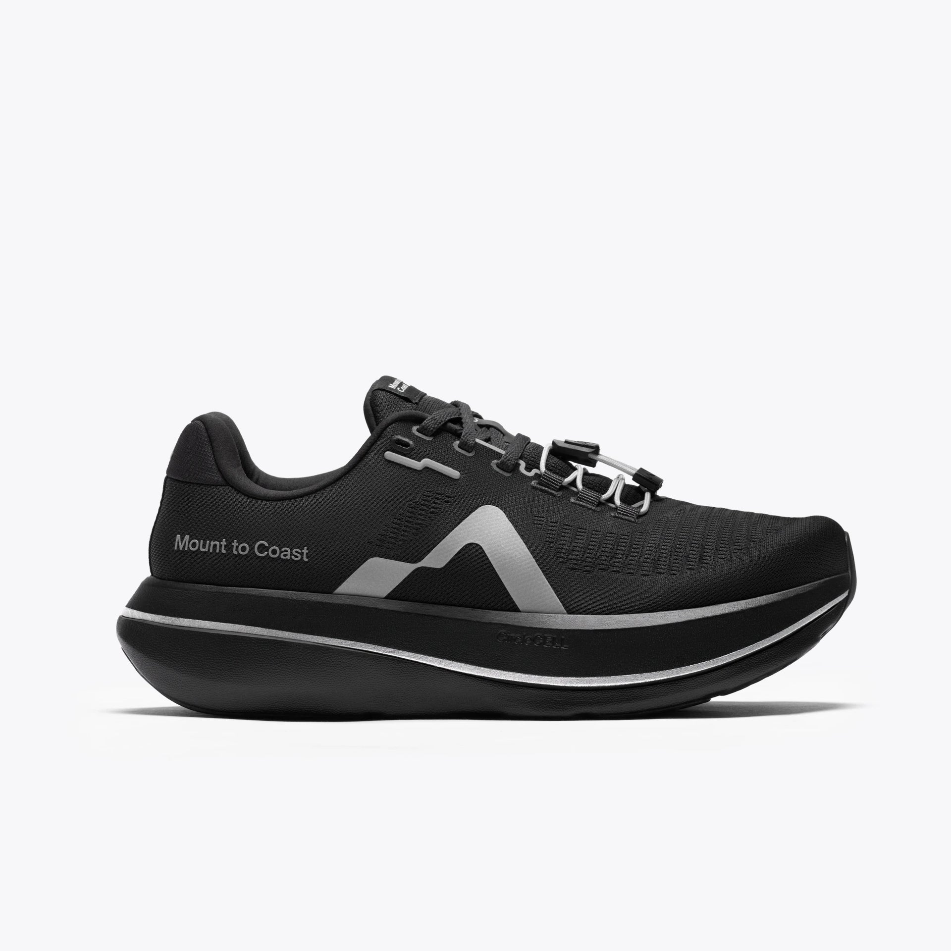 Side view on white background of Mens Mount To Coast C1 running shoe in Midnight, Medium (Regular) width
