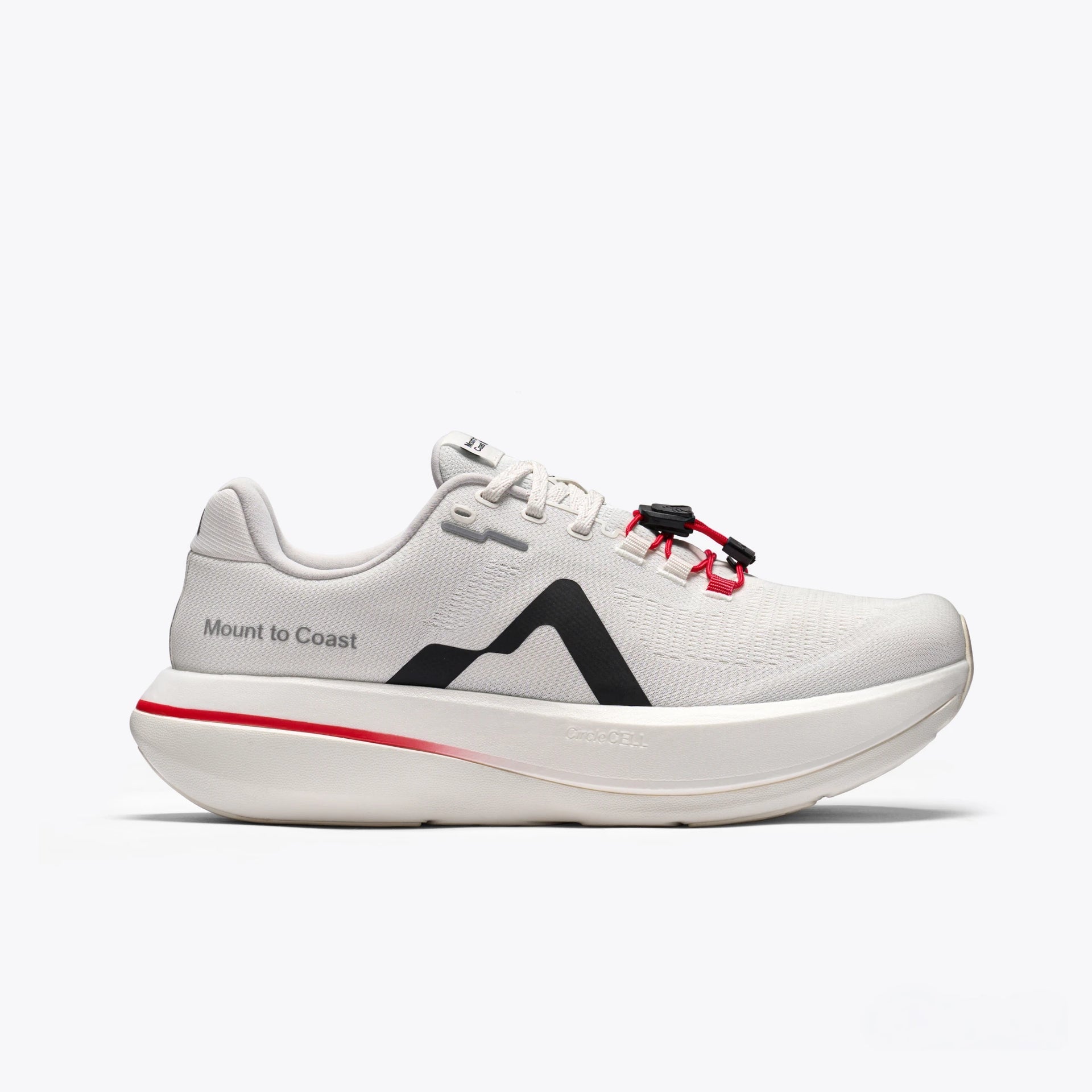 Side view on white background of Womens Mount To Coast C1 running shoe in Pulse, Medium (Regular) width