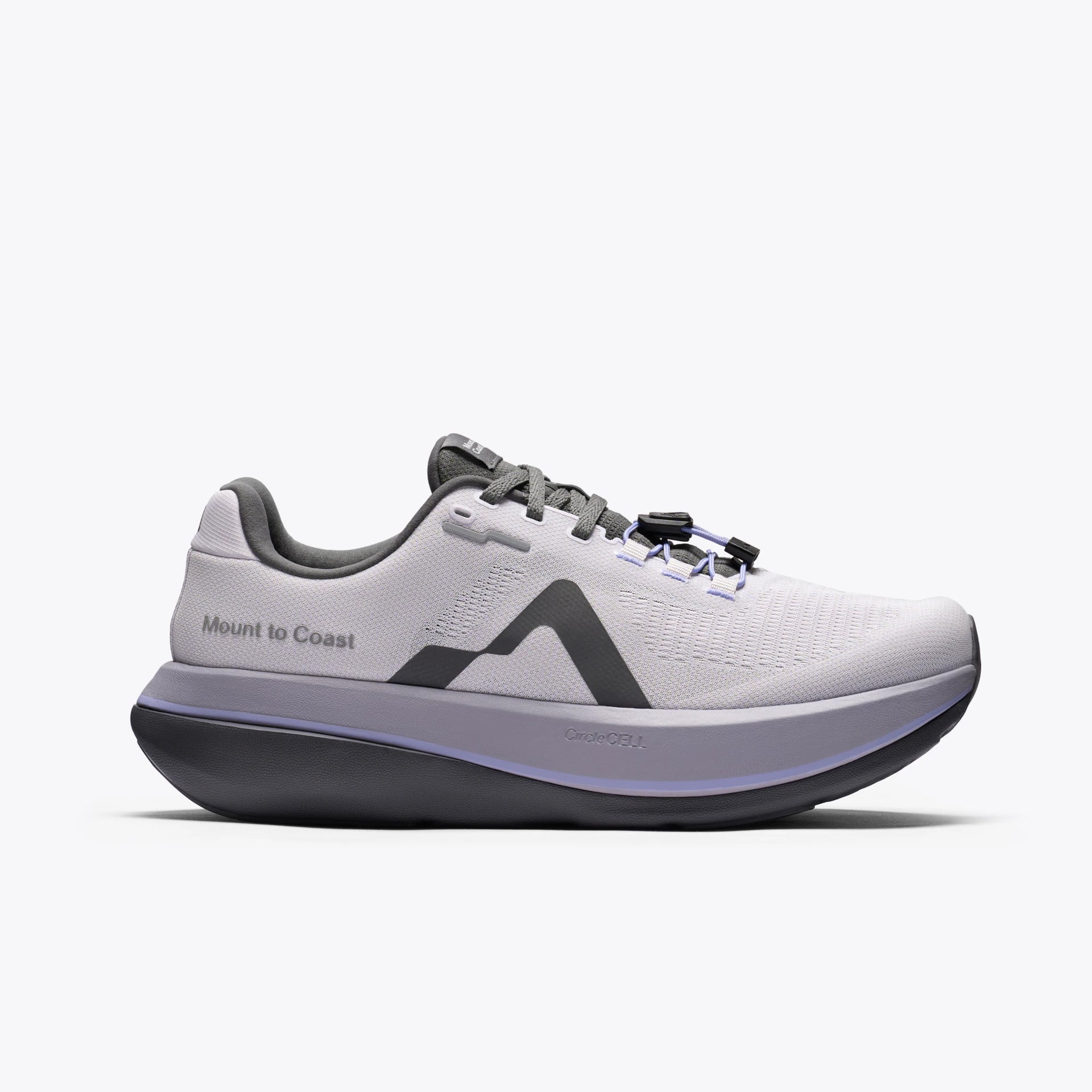 Side view on white background of Womens Mount To Coast C1 running shoe in Ultraviolet, Medium (Regular) width