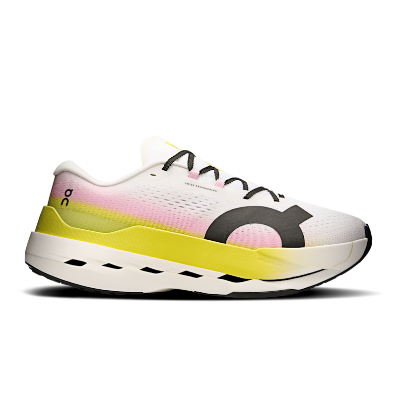 Side view on white background of Mens On Cloudboom Max running shoe in Lime/Raspberry, Medium (Regular) width