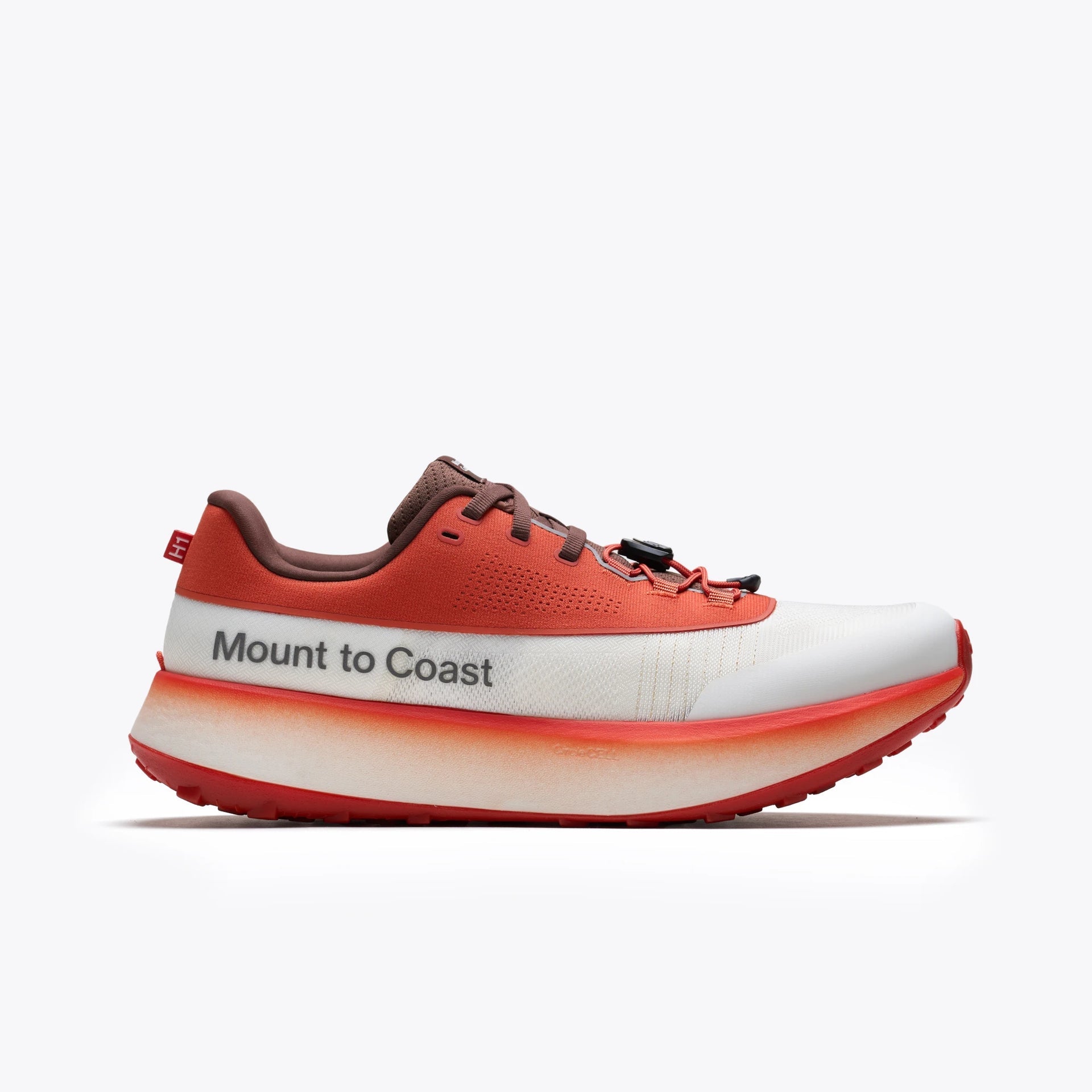 Side view on white background of Womens Mount To Coast H1 running shoe in Sedona, Medium (Regular) width