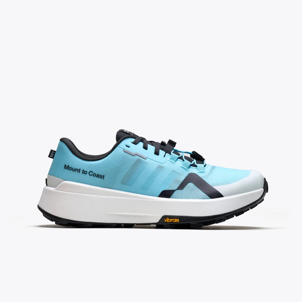 Side view on white background of Womens Mount To Coast M1 running shoe in Glacier, Medium (Regular) width