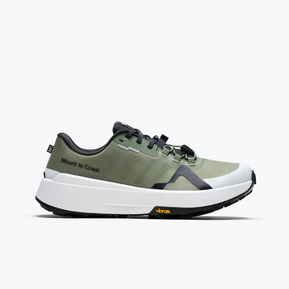 Side view on white background of Womens Mount To Coast M1 running shoe in Moss, Medium (Regular) width