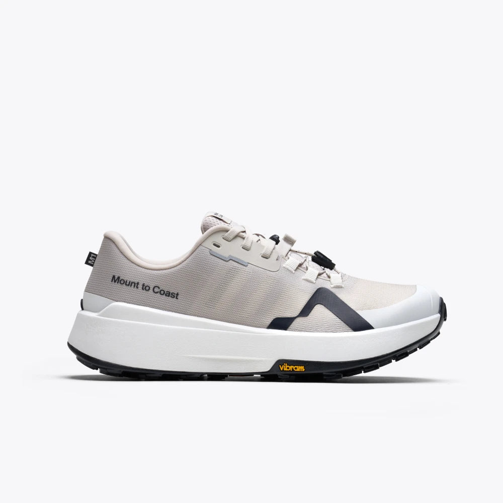 Side view on white background of Womens Mount To Coast M1 running shoe in Oatmeal, Medium (Regular) width
