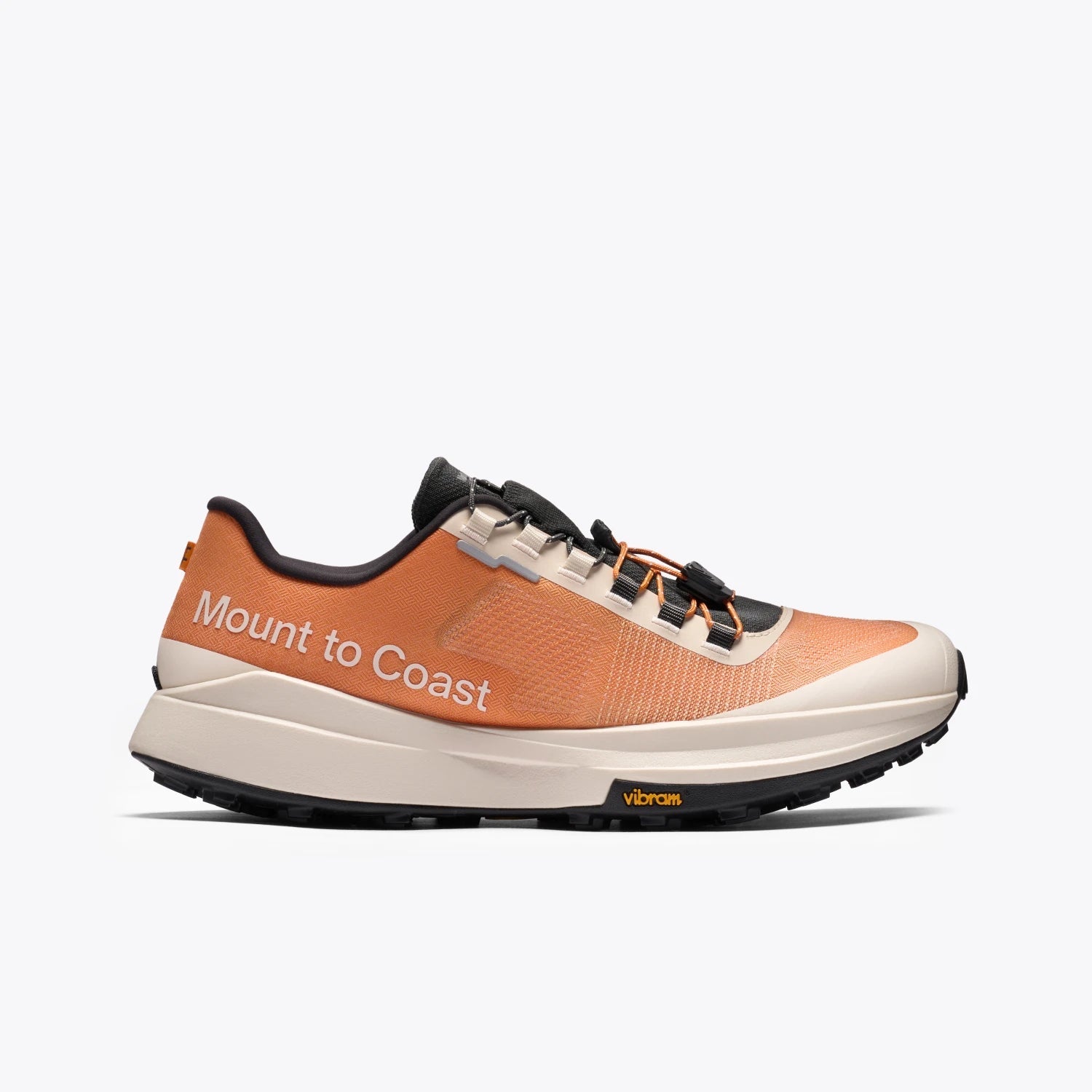 Side view on white background of Womens Mount To Coast T1 running shoe in Clay, Medium (Regular) width
