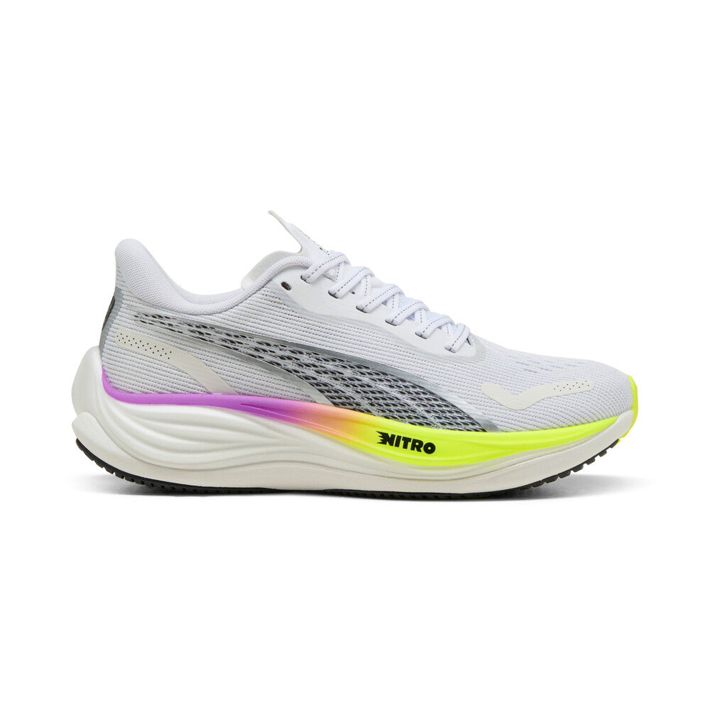 Side view on white background of Womens Puma Velocity Nitro 3 running shoe in Puma White/Pure Magenta, Medium (Regular) width
