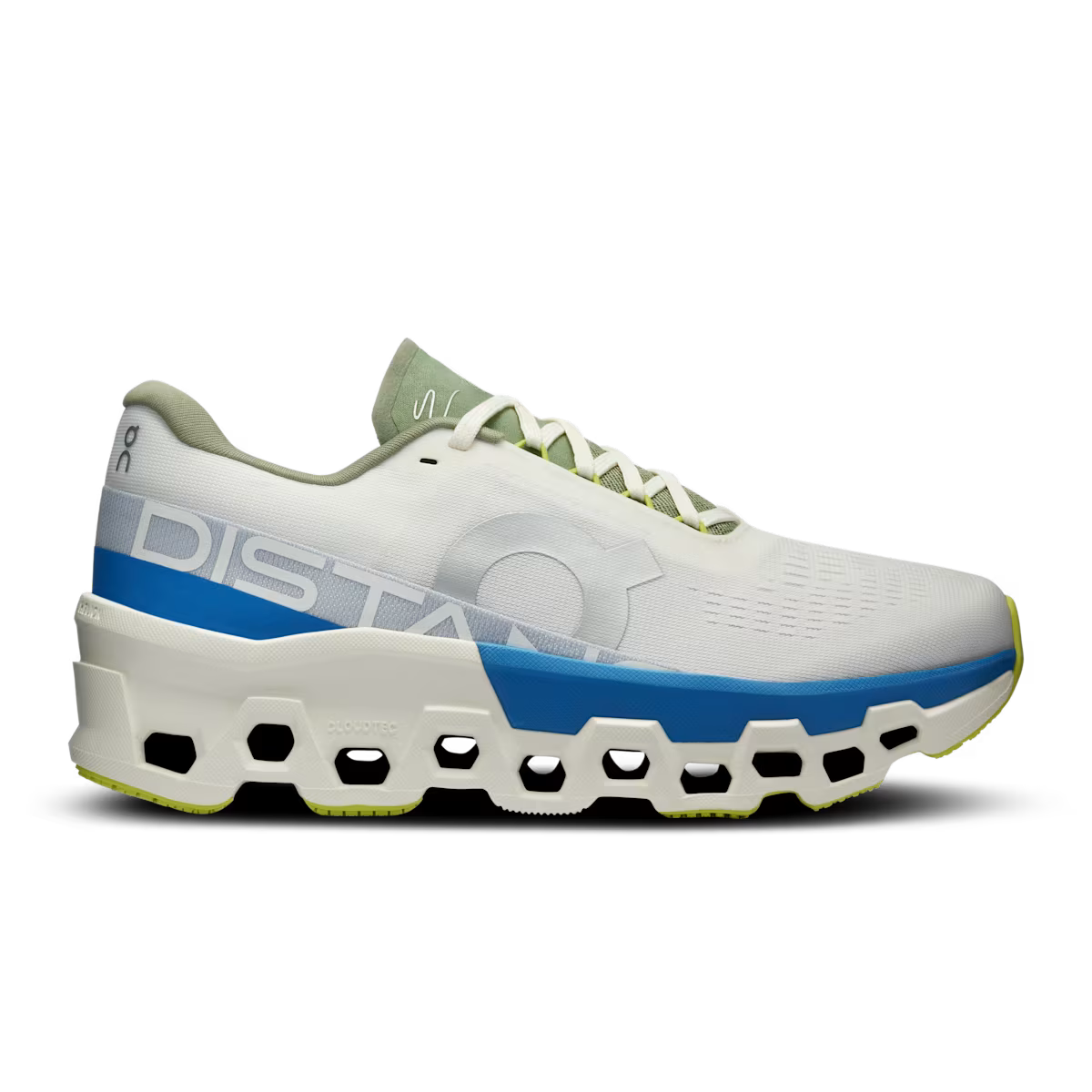 Side view on white background of Womens On Cloudmonster 2 DISTANCE running shoe in White/Lapis, Medium (Regular) width