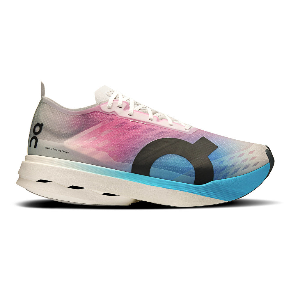 Side view on white background of Mens On Cloudboom Strike running shoe in White/Horizon, Medium (Regular) width