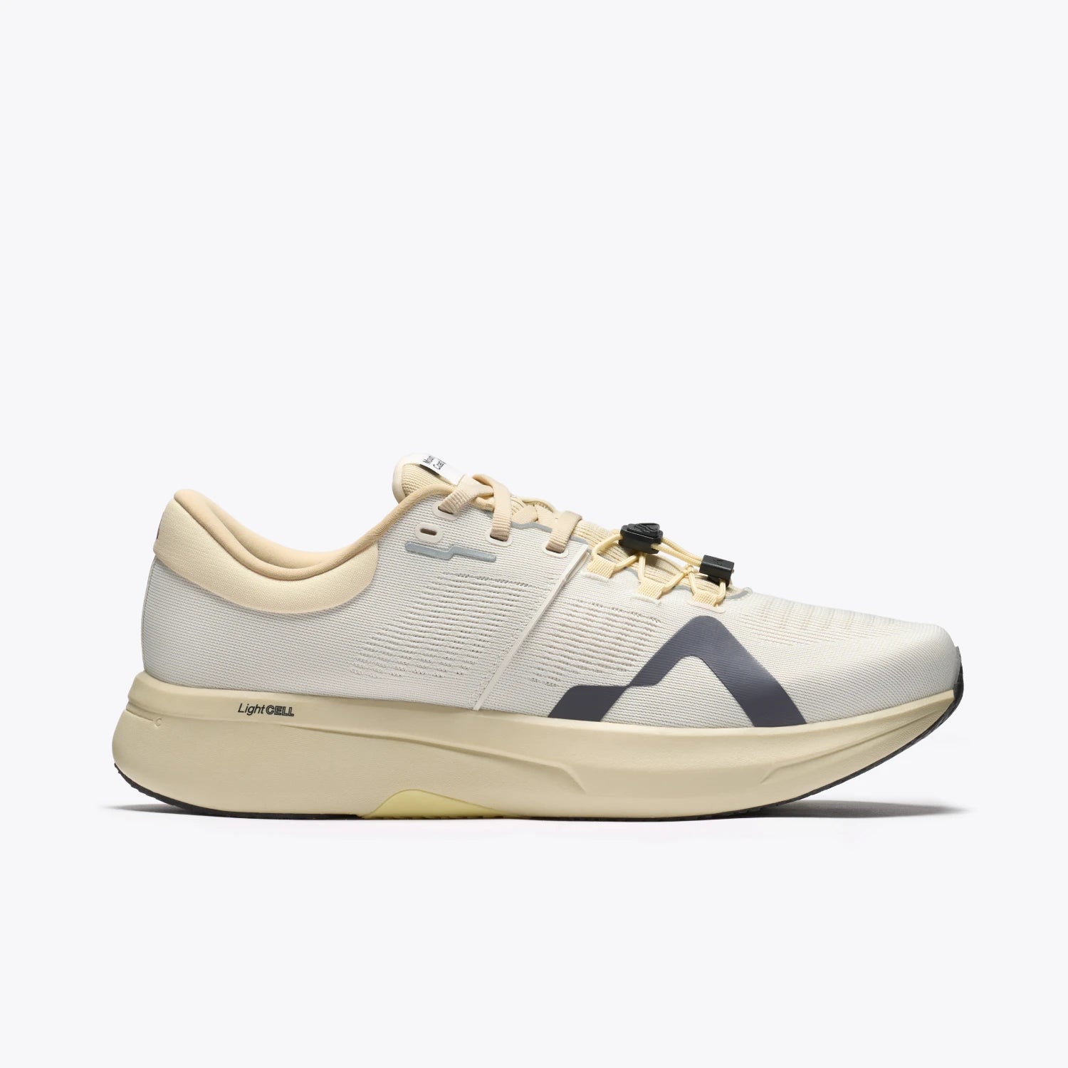Side view on white background of Mens Mount To Coast R1 running shoe in Beige, Medium (Regular) width