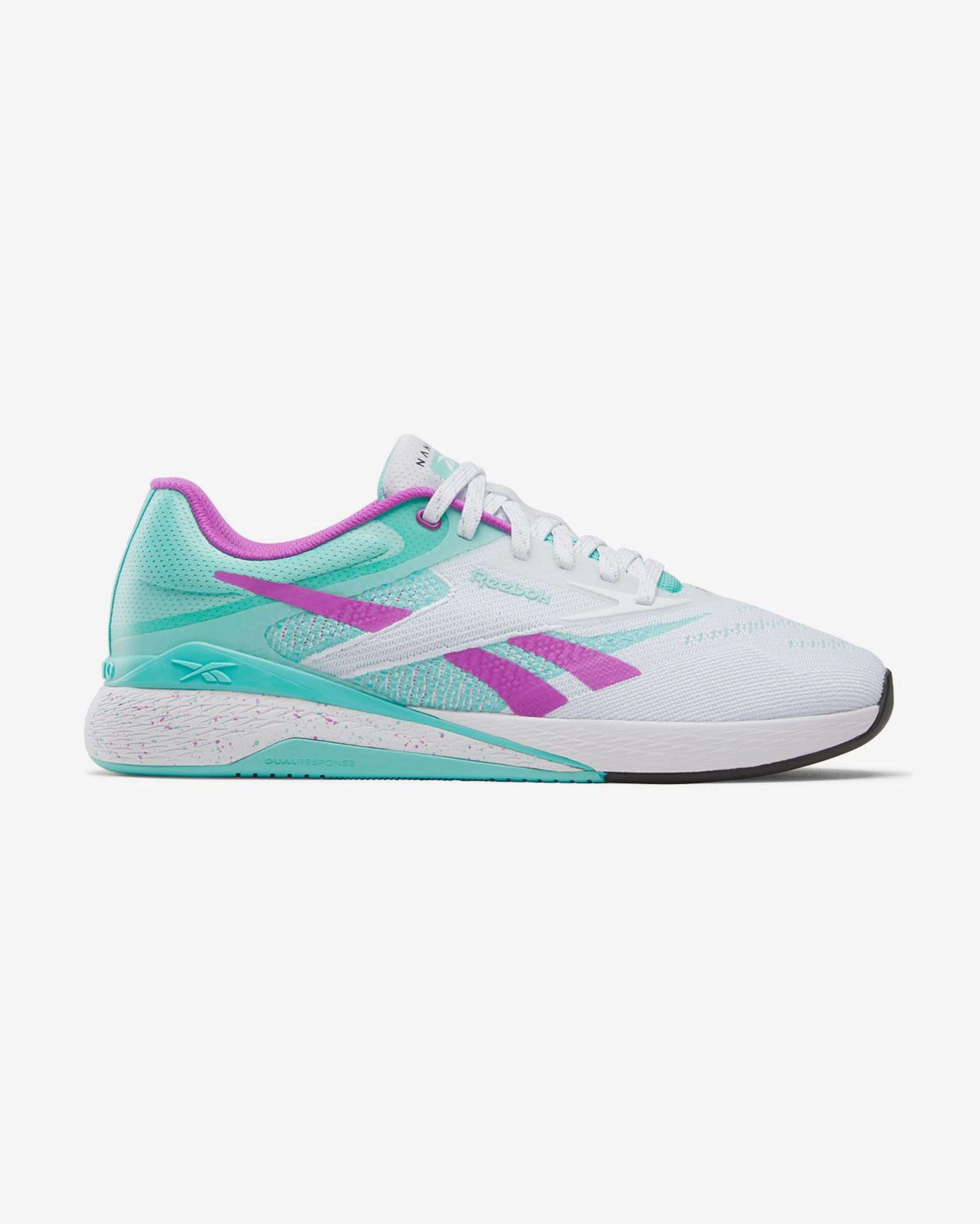 Side view on white background of Mens Reebok Nano X5 running shoe in Ftwr White/AI Aqua/Purple Rave, Medium (Regular) width
