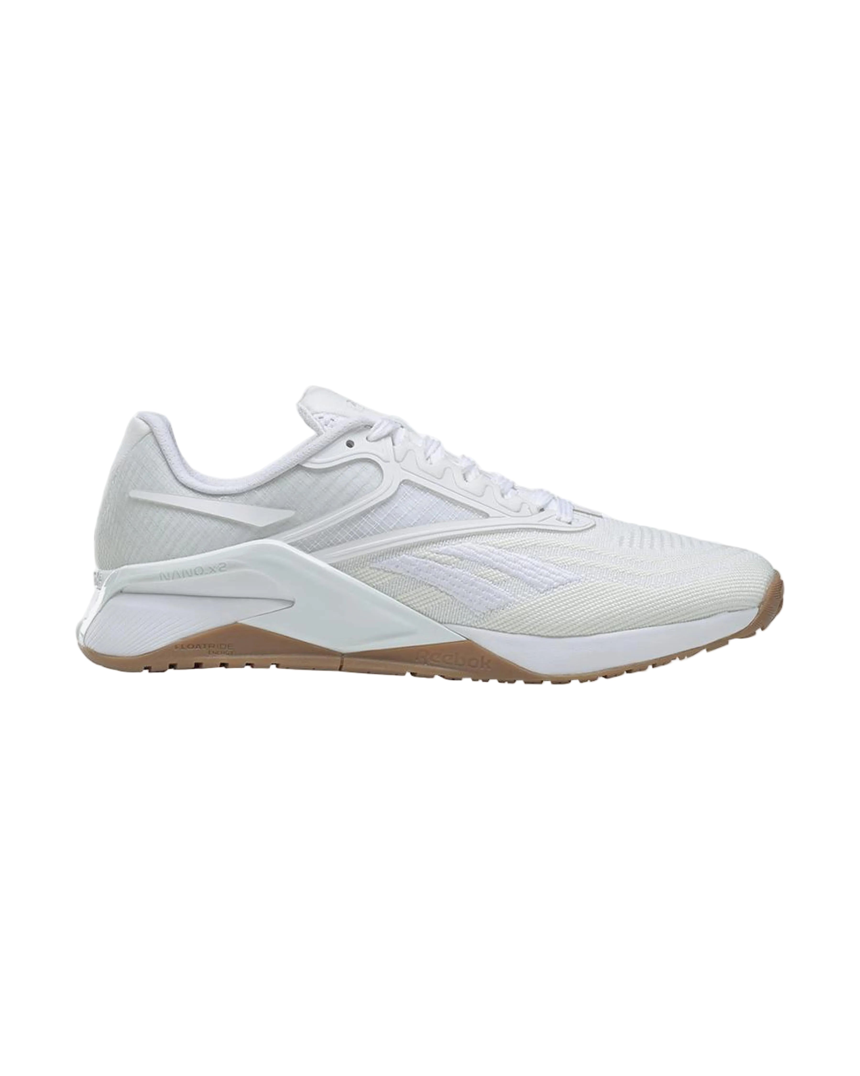Side view on white background of Womens Reebok Nano X2 running shoe in Ftwr White/Ftwr White/Pure Grey 2, Medium (Regular) width