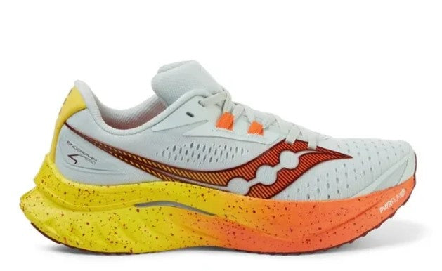 Side view on white background of Womens Saucony Endorphin Speed 4 running shoe in Portal/Atom, Medium (Regular) width