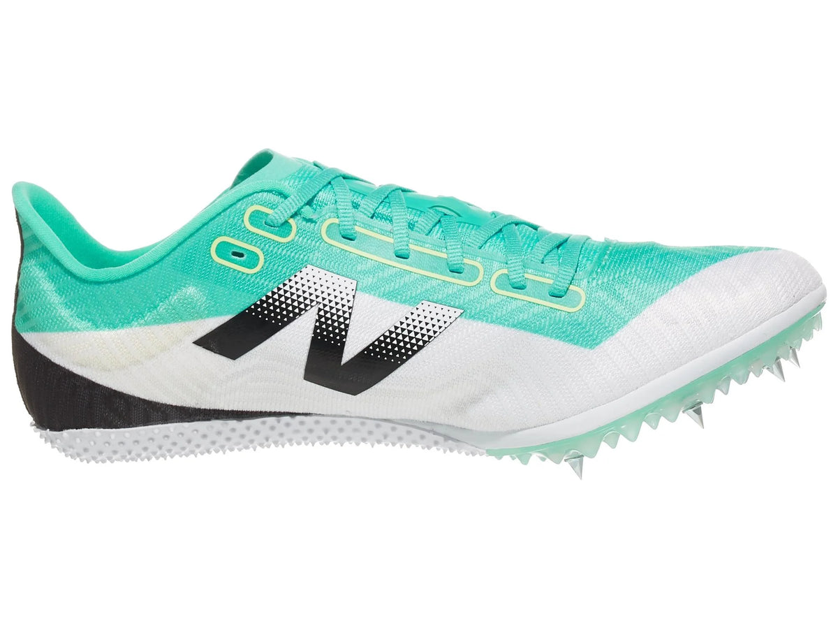 Side view on white background of Womens New Balance FuelCell SD100 v5 running shoe in Cyber Jade/White, Medium (Regular) width
