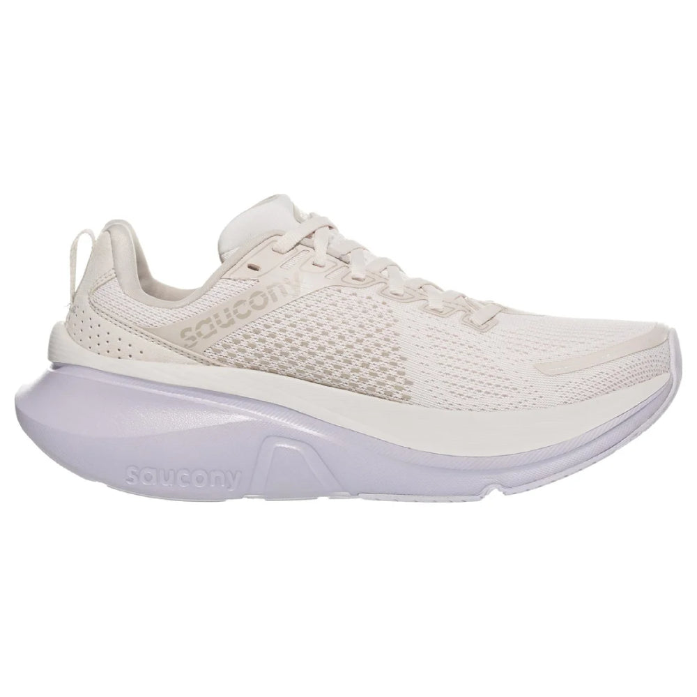 Side view on white background of Womens Saucony Guide running shoe in Moon/Heather, Medium (Regular) width