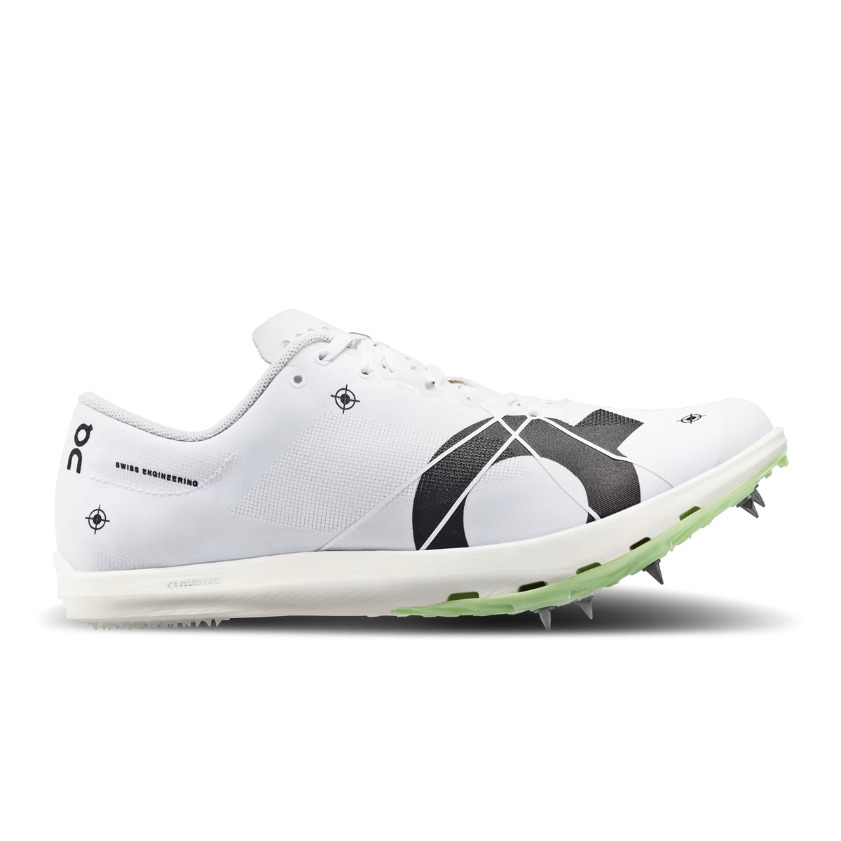 Side view on white background of Mens On Cloudspike 1500m 2 running shoe in Undyed-White/Mint, Medium (Regular) width