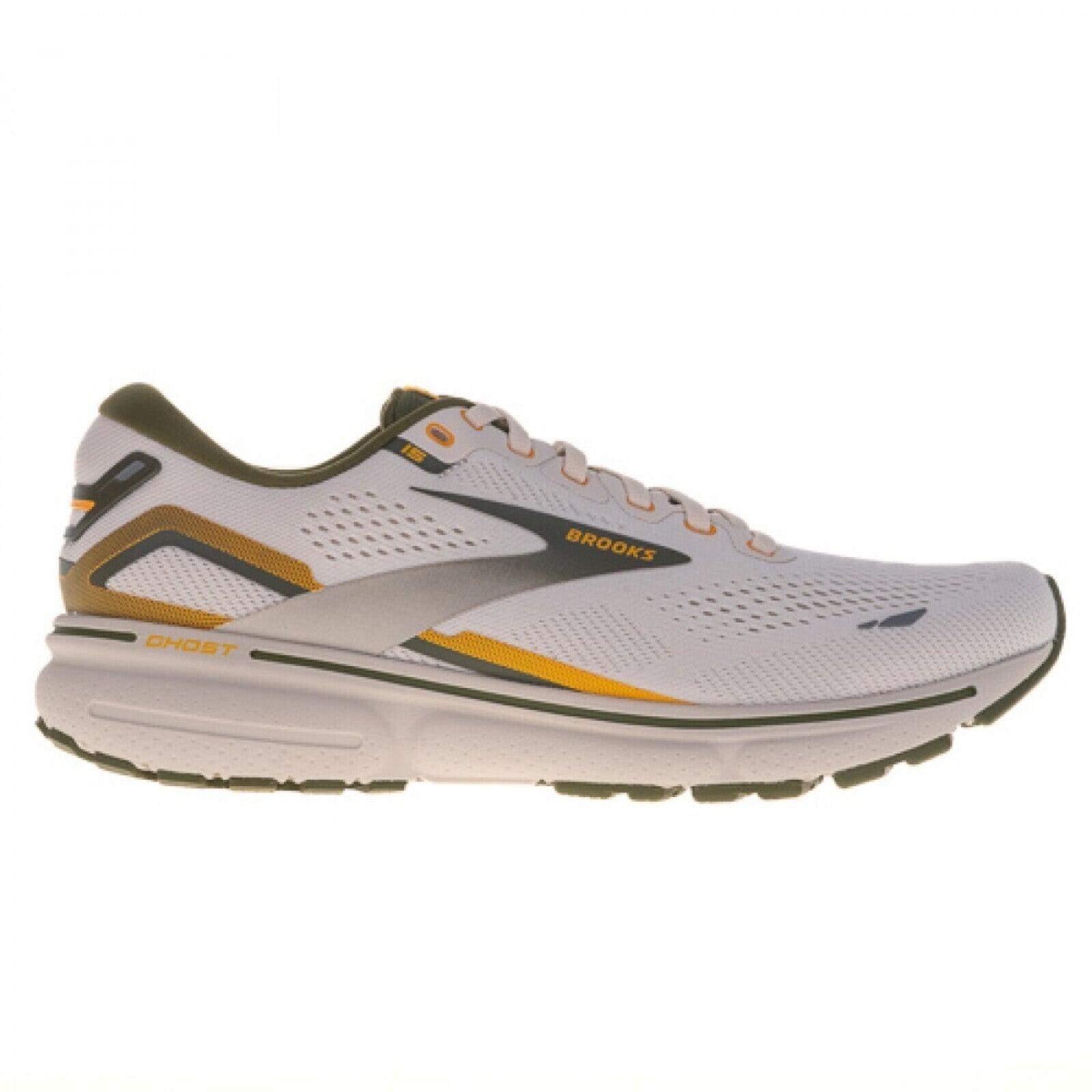Side view on white background of Mens Brooks Ghost 15 running shoe in Grey/Green/Daylilly, Medium (Regular) width