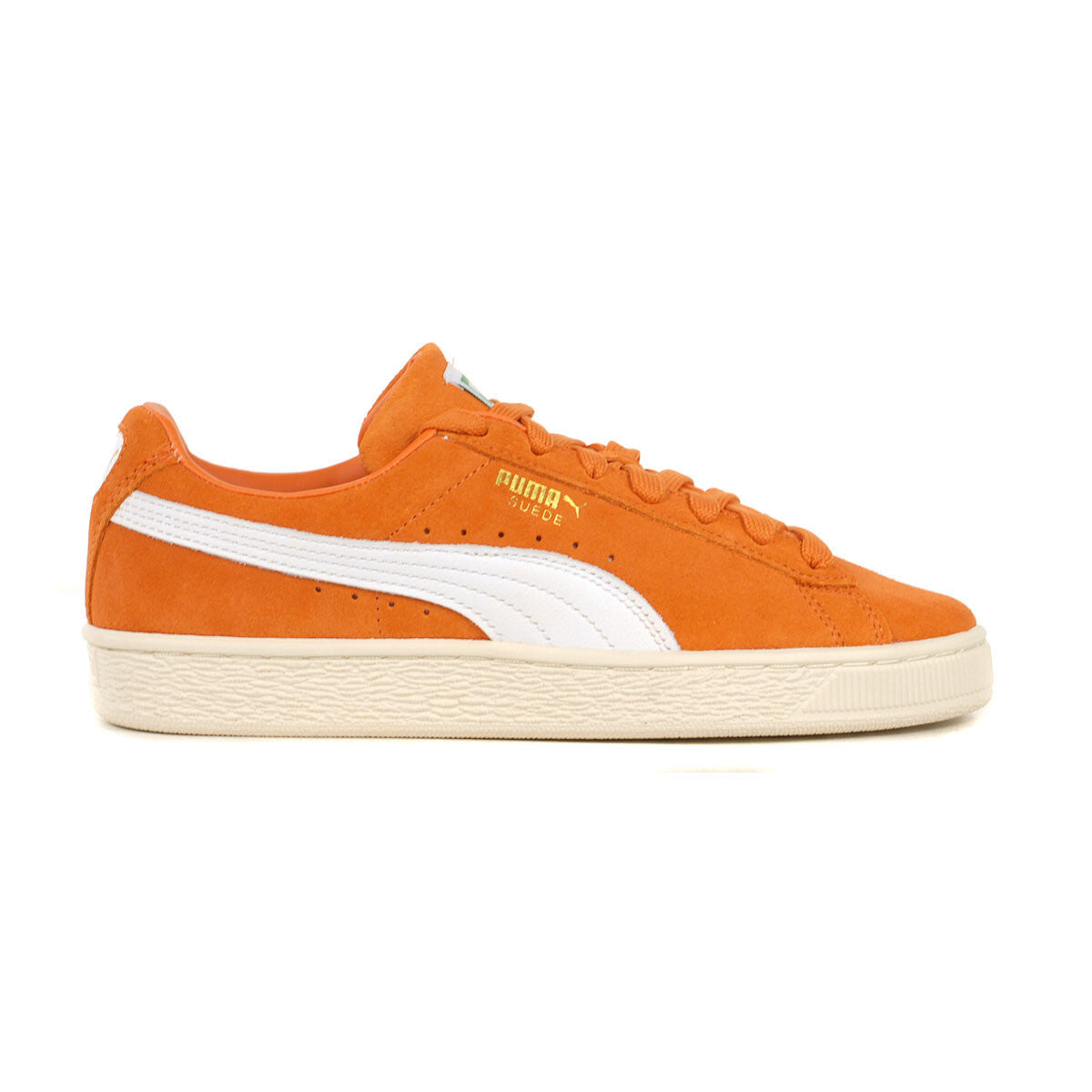 Side view on white background of Mens Puma Suede Classic running shoe in Orange, Medium (Regular) width