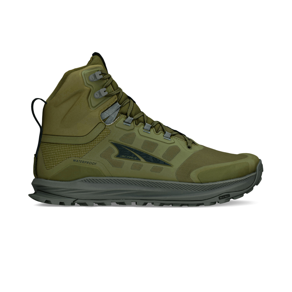 Side view on white background of Mens Altra Lone Peak 9 Waterproof Mid running shoe in Green, Medium (Regular) width