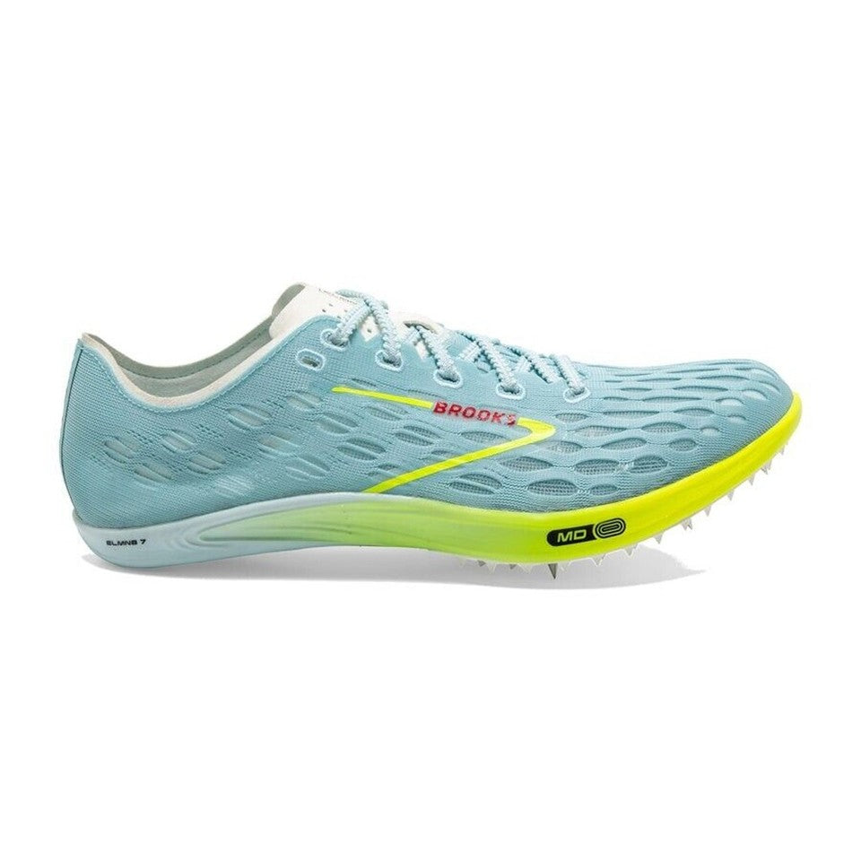Side view on white background of Womens Brooks ELMN8 7 running shoe in Blue Glow/Nightlife/Red, Medium (Regular) width
