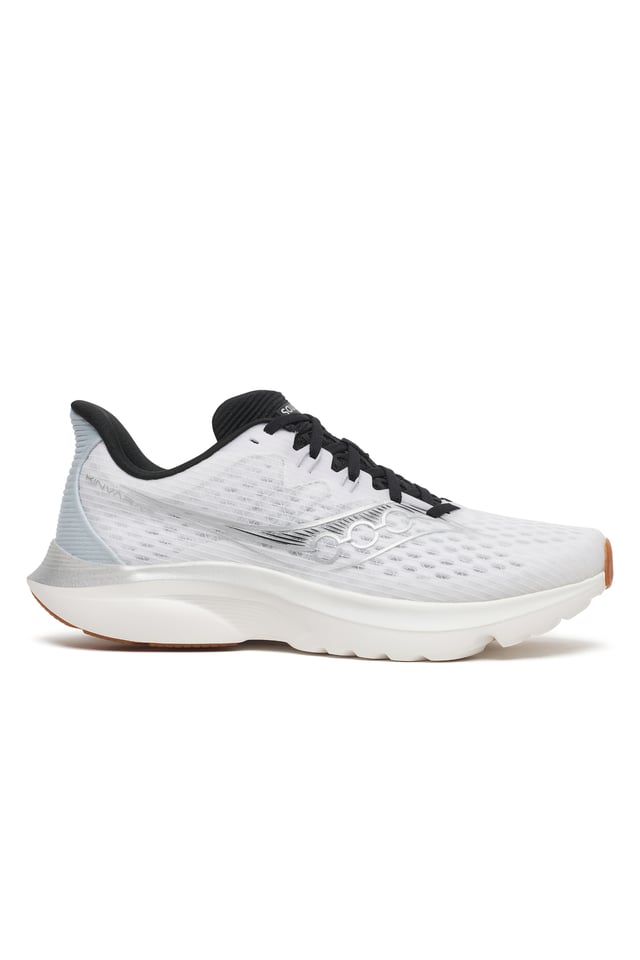 Side view on white background of Mens Saucony Kinvara 16 running shoe in White/Black, Medium (Regular) width