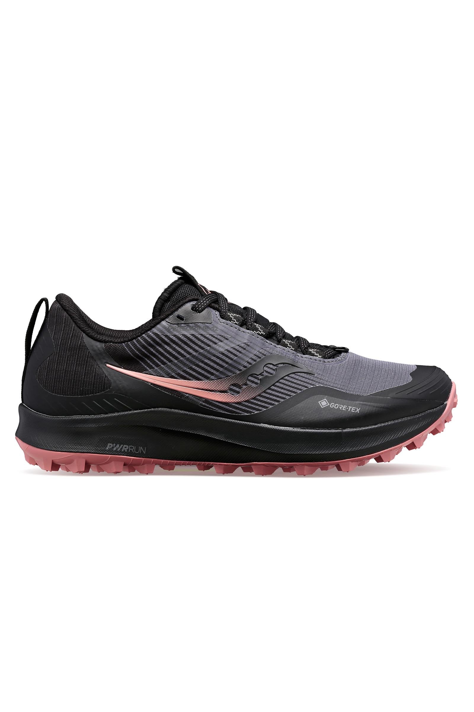 Side view on white background of Womens Saucony Peregrine 12 GTX running shoe in Charcoal/Shell, Medium (Regular) width