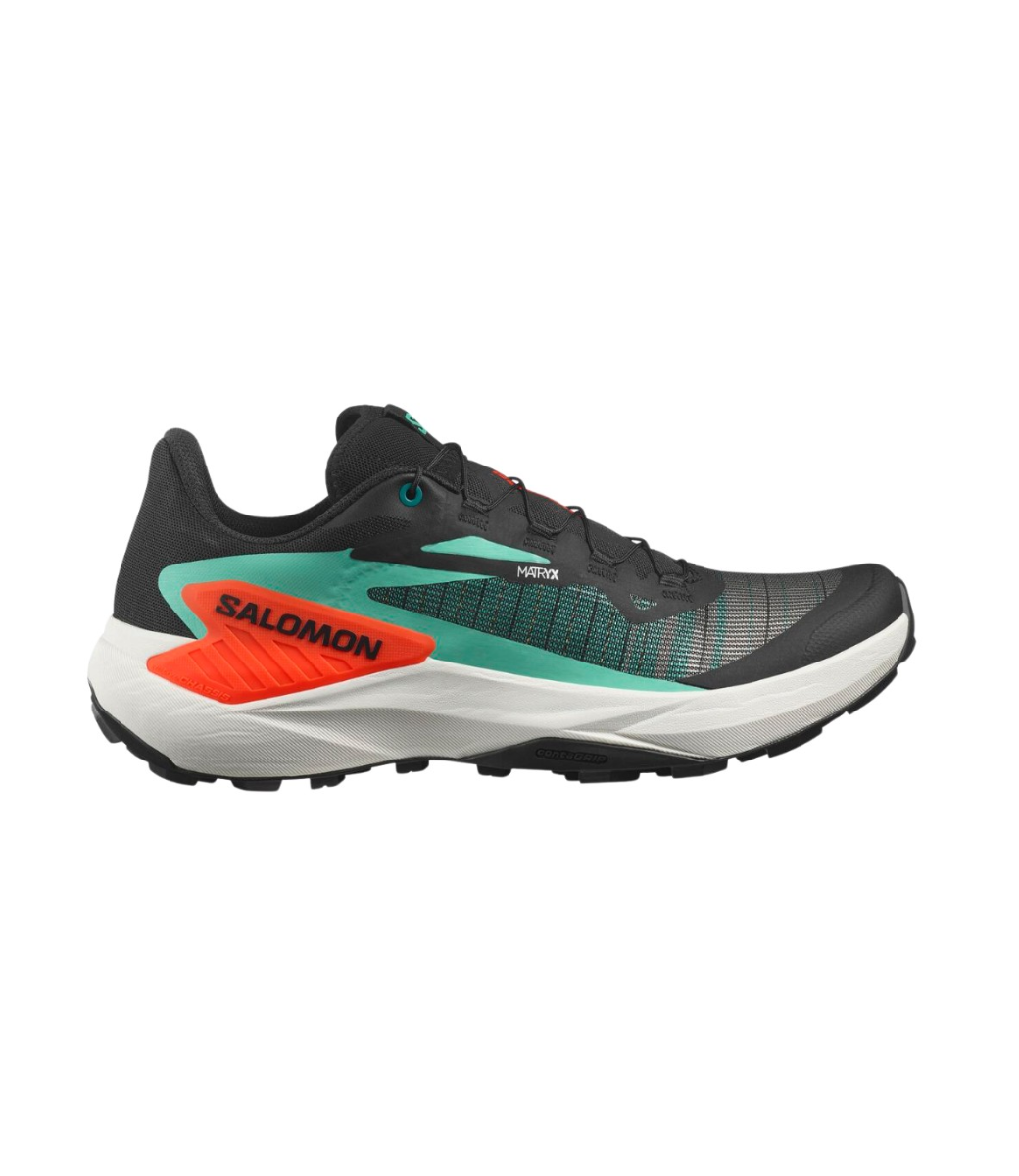 Side view on white background of Mens Salomon Genesis running shoe in Black/Electric Green/Cherry Tomato, Medium (Regular) width