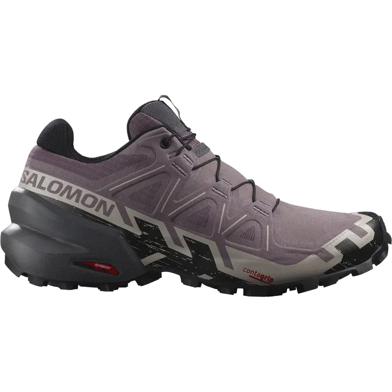 Side view on white background of Womens Salomon Speedcross 6 running shoe in Moonscape/Black/Ashes Of Roses, Medium (Regular) width