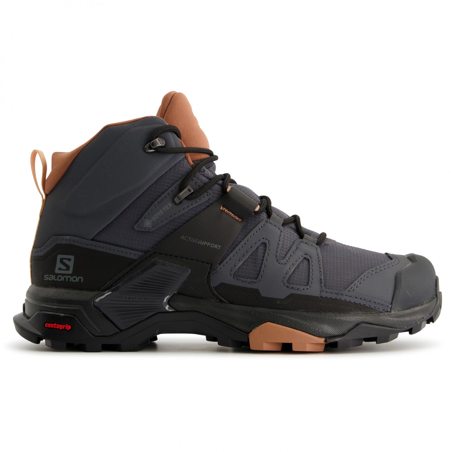 Side view on white background of Womens Salomon X Ultra 4 Mid GTX running shoe in Ebony/Mocha Mousse/Almond Cream, Medium (Regular) width