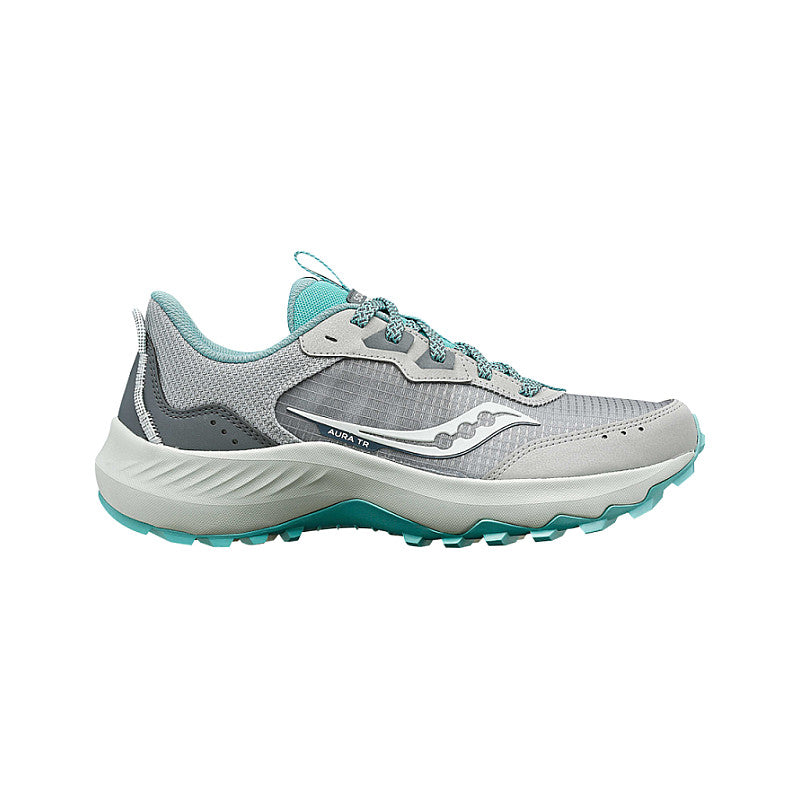 Side view on white background of Womens Saucony Aura TR running shoe in Concrete/Shadow, Wide width