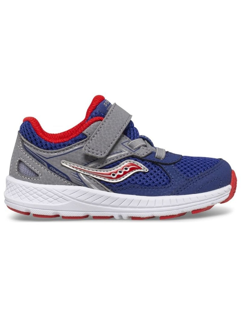 Side view on white background of Youth Saucony Cohesion 14 A/C running shoe in Navy/Red, Medium (Regular) width