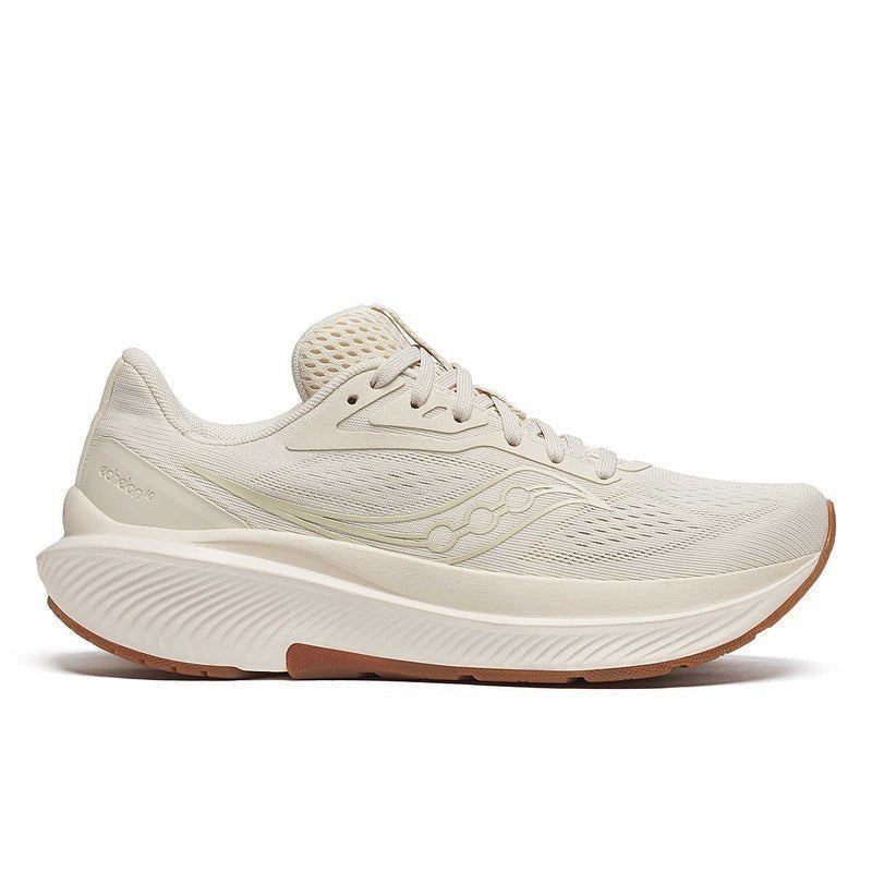 Side view on white background of Womens Saucony Echelon 10 running shoe in Rye/Gum, Wide width