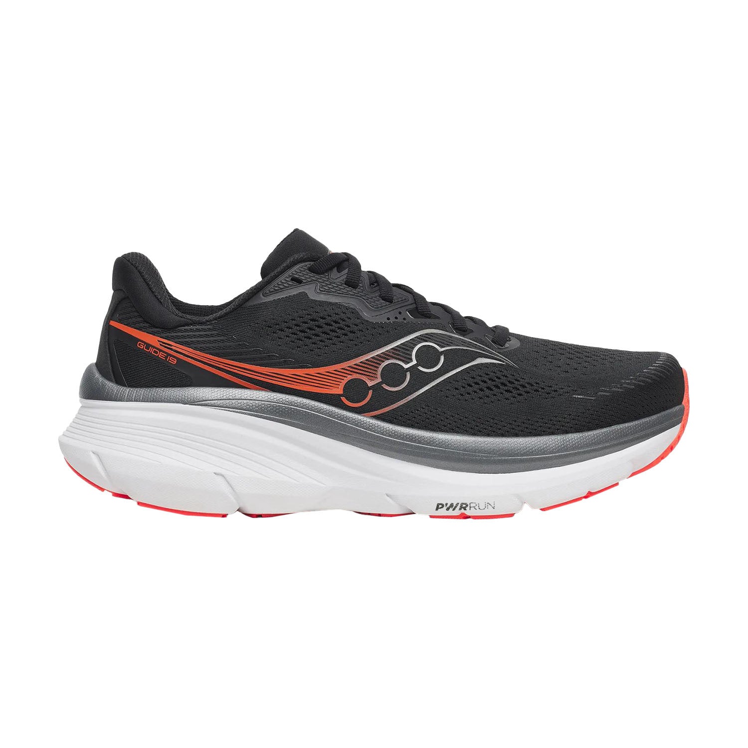 Side view on white background of Mens Saucony Guide 19 running shoe in Black/Vizired, Medium (Regular) width