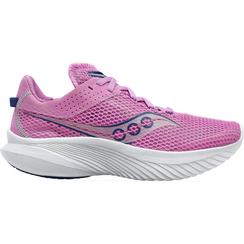 Side view on white background of Womens Saucony Kinvara 14 running shoe in Grape/Indigo, Medium (Regular) width